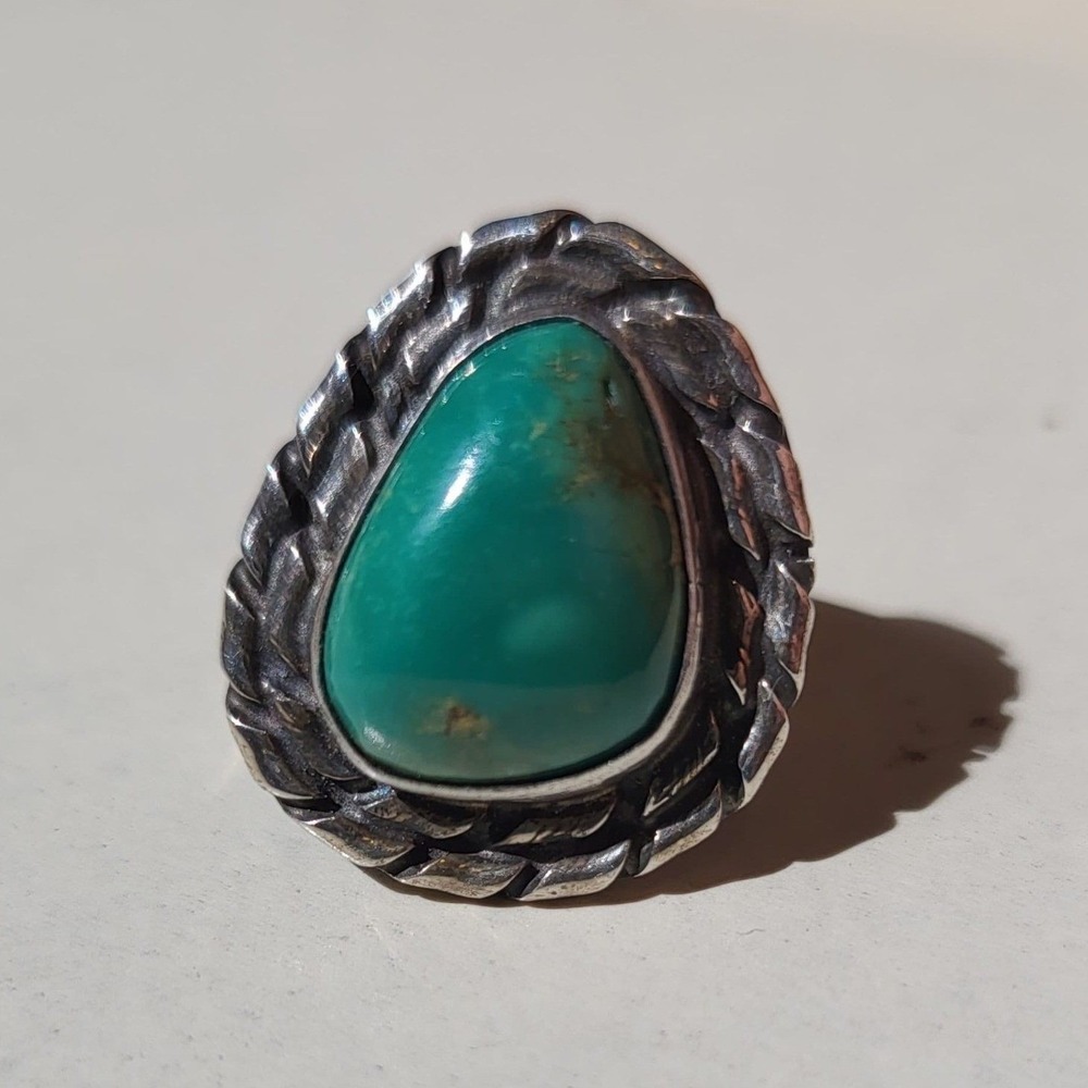 925 Sterling Silver Turquoise Ring Size 5.25 Vintage Green Navajo Boho
